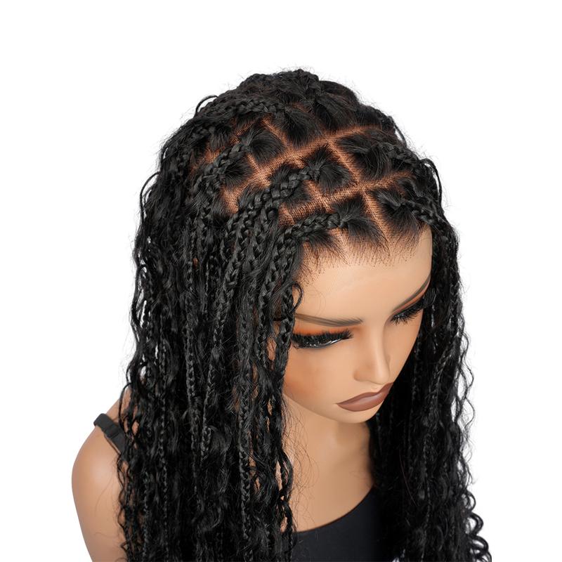 SuperNova Glueless Full Lace Human Hair Wig - Short Natural Black Bohemian Curl Braid Pre-Cut