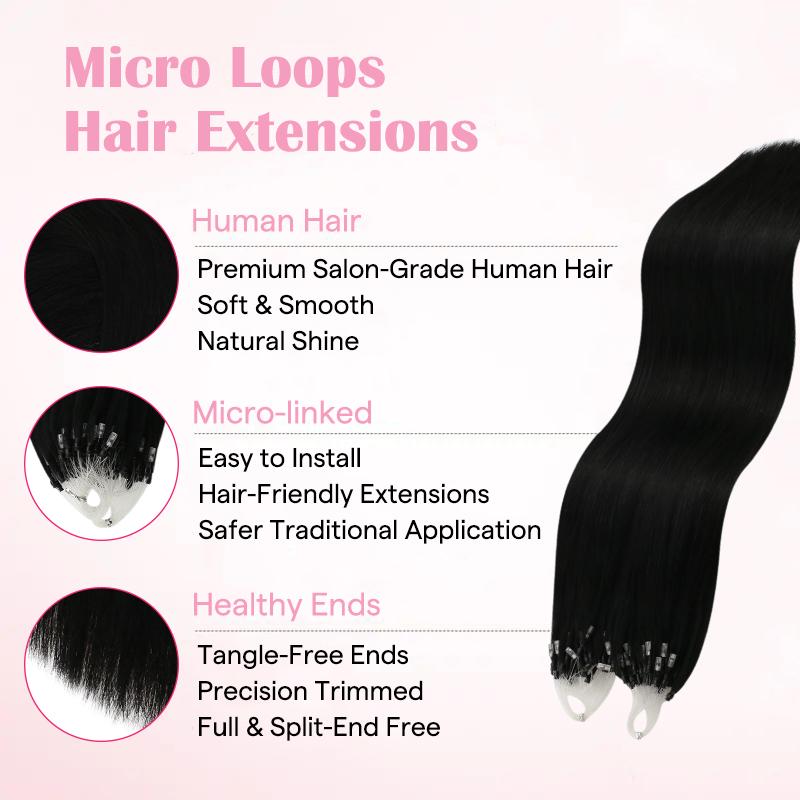 YoungSee 100% Human Hair Micro Loop Extensions - 14-28 Inches Soft Silky Micro Ring Style (Black Friday)