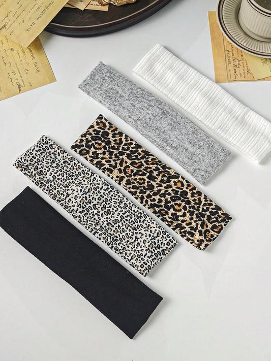 5pcs Versatile Women's Leopard Satin Headbands - Everyday Turban Hairband & Sweatband