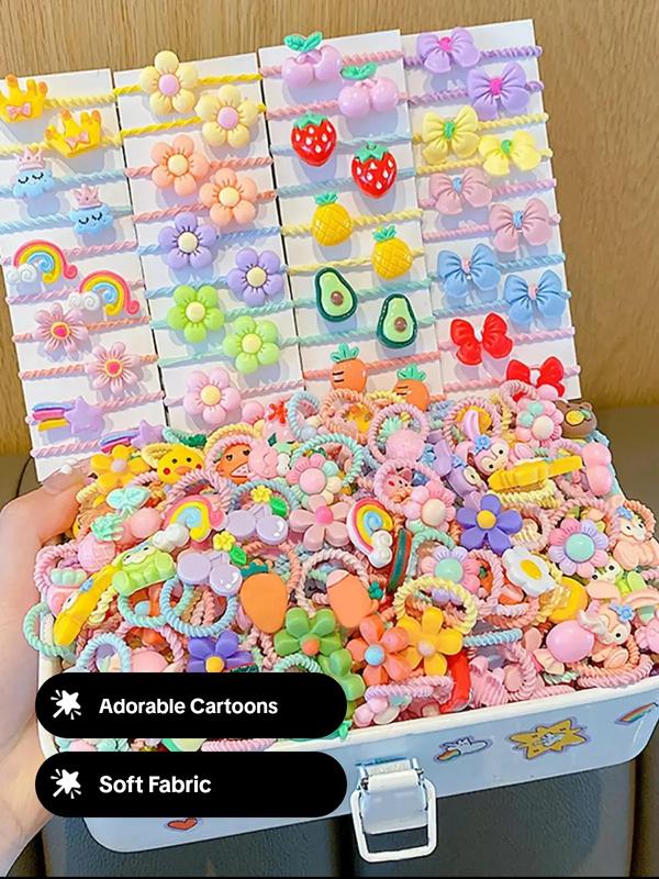 60-100 Pcs Random Color Cartoon Hair Ties - Cute Animal & Fruity Designs, Fashion Set for Women & Girls