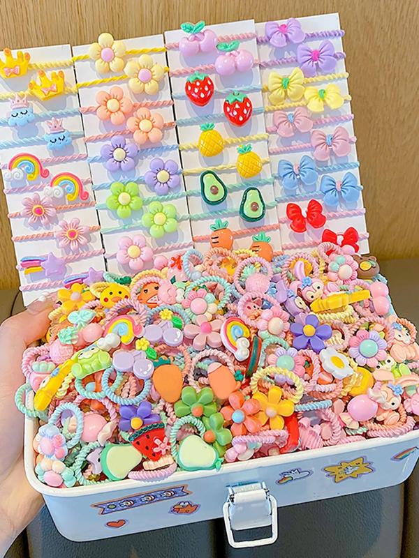 60-100 Pcs Random Color Cartoon Hair Ties - Cute Animal & Fruity Designs, Fashion Set for Women & Girls