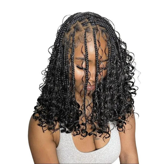 SuperNova Glueless Full Lace Human Hair Wig - Short Natural Black Bohemian Curl Braid Pre-Cut