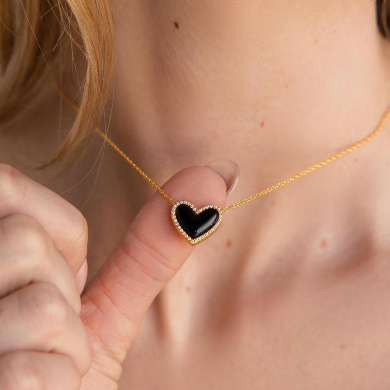 Caitlyn Minimalist Dainty Puff Heart Necklace - 18K Gold Plated Pave Black CZ | Girlfriend Gift