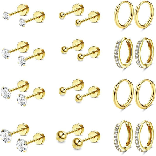 Unisex Multi Piercing Cartilage Studs - 14K Gold Plated Hypoallergenic Medical Steel